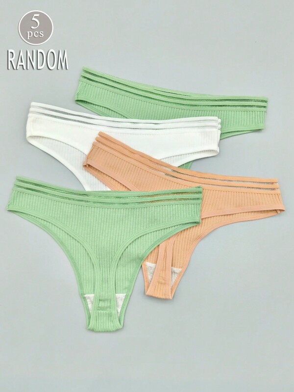 4pcs/Pack Women's Random Color Low Rise Ribbed Breathable Thong Panties