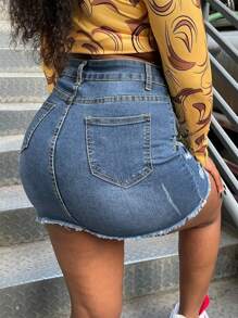 Women Stretch Casual High Waisted Denim Short Skirt Cute A Line Mini Pencil Skrit - Rửa nhẹ - Xem 6