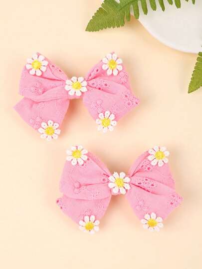 2 piezas de Lazos tipo margarita para el cabello de niñas, Lindos clips de cabello con adorno de flor, Pasadores con flores bordadas en rosa con forro completo, Accesorios para el cabello de niños y bebés