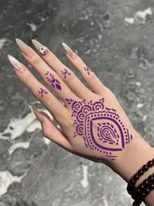 Haina Two Hand Tattoo Template Fingernail Flower Tattoo Template Staining Cream Combination Haina Hand Drawing Set (Left And Right Hand Tattoo Templates+2 Bottles Of Tattoo Juice Staining Cream Rose Red Purple) Multi Pattern Male And Female Available Semi Permanent Finger Wrist Shoulder Neck Clavicle Body Art Skin Hand Drawing Waterproof Simulation Tattoo Template Set - Multicolor - View 2