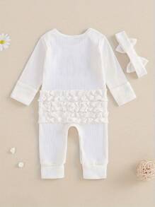 Newborn Baby Girls Rompers Knit Round Neck Long Sleeve Infant Fall Jumpsuits With Headband Coming Home Outfit - 白色 - 查看 4