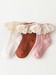 3 pares de calcetines cortos de color liso con ribete de encaje para niñas, para todas las estaciones - Multicolor - Ver 11