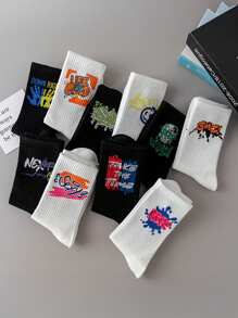 5 Pairs Of Random Men's Striped Cartoon Printing Pattern, Simple Street Fashion Retro Soft And Comfortable Casual Socks, Suitable For Home Leisure Or Outdoor Sports Wear - Black and White - View 5