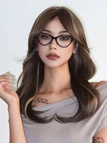 20 英寸优雅时尚棕色混合金色挑染合成假发，带刘海，渐变棕色长波浪分层假发，适合女士日常派对角色扮演假发