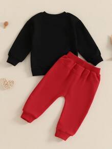 Toddler Baby Boy Valentines Outfit Long Sleeve Steal Your Heart Shirt With Pants 2Pcs Kids Baby Boy Red Outfits - 黑色 - 查看 2