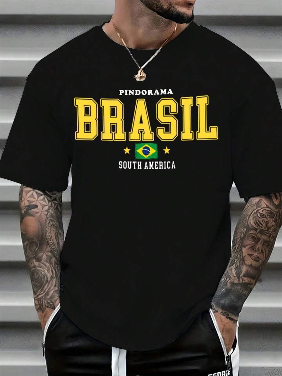 Camiseta Masculina Streetwear 100% Algodão Estampada Brasil Camisa Unissex Premium - Preto - Visão 1