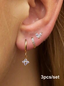 3PCS Cubic Zirconia Earring Set, Suitable For Women's Geometric Cartilage Perforated Earrings Fashion Jewelry