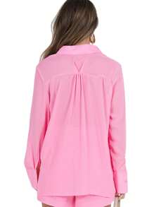 Women Pajama Set, Long Sleeve Button Closure Shirt With Shorts Sleepwear Loungewear - 粉色 - 查看 7