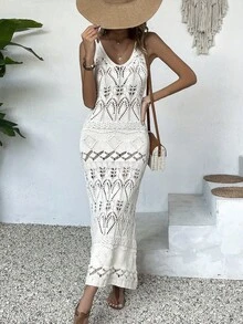 优雅女士休闲纯色针织长裙，无袖沙滩裙，适合春夏穿着，白色轻盈度假装，简约复古风格，适合返校季，秋冬长款派对裙，适合圣诞节、感恩节和新年等场合。