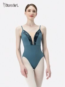 DonsGirl 1pc Women's Ballet Leotard - Velvet Patchwork V-Neck High Slit Design, Professional Gymnastics And Figure Skating Performance Wear - Blue - View 2