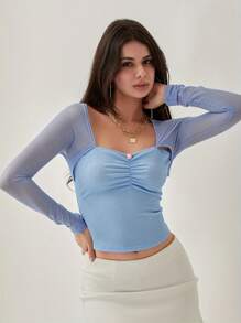 Women Fitted Crop Tops Cutout Mesh Long Sleeve Shirt Casual Pullover For Club Streetwear Aesthetic Grunge Clothes - Màu xanh da trời - Xem 1