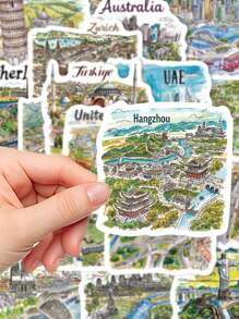 50pcs Handpainted Travel Map Stickers, Cartoon City Style, High-Quality DIY For Phone Case, Waterproof Scrapbooking Stickers,School Supplies,Back To School