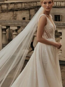1pc Sheer Long Train Bridal Veil, Simple Solid Color Hair Comb, Wedding & Wedding Party Accessory, Multiple Sizes