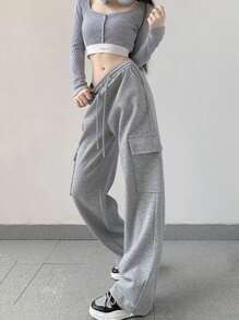 Spring And Autumn Women's Loose Sports Drawstring Wide-Leg Pants