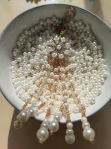 2pcs Handmade White & Gold Faux Pearl, Rhinestone, Tassel Decor Keychain, Phone Case, Purse Charm, Party Accessory, Home Decor, Gift For Friend, Birthday, Anniversary