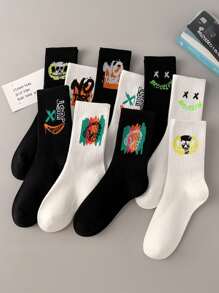 5 Pairs Of Random Men's Striped Cartoon Printing Pattern, Simple Street Fashion Retro Soft And Comfortable Casual Socks, Suitable For Home Leisure Or Outdoor Sports Wear - Black and White - View 4