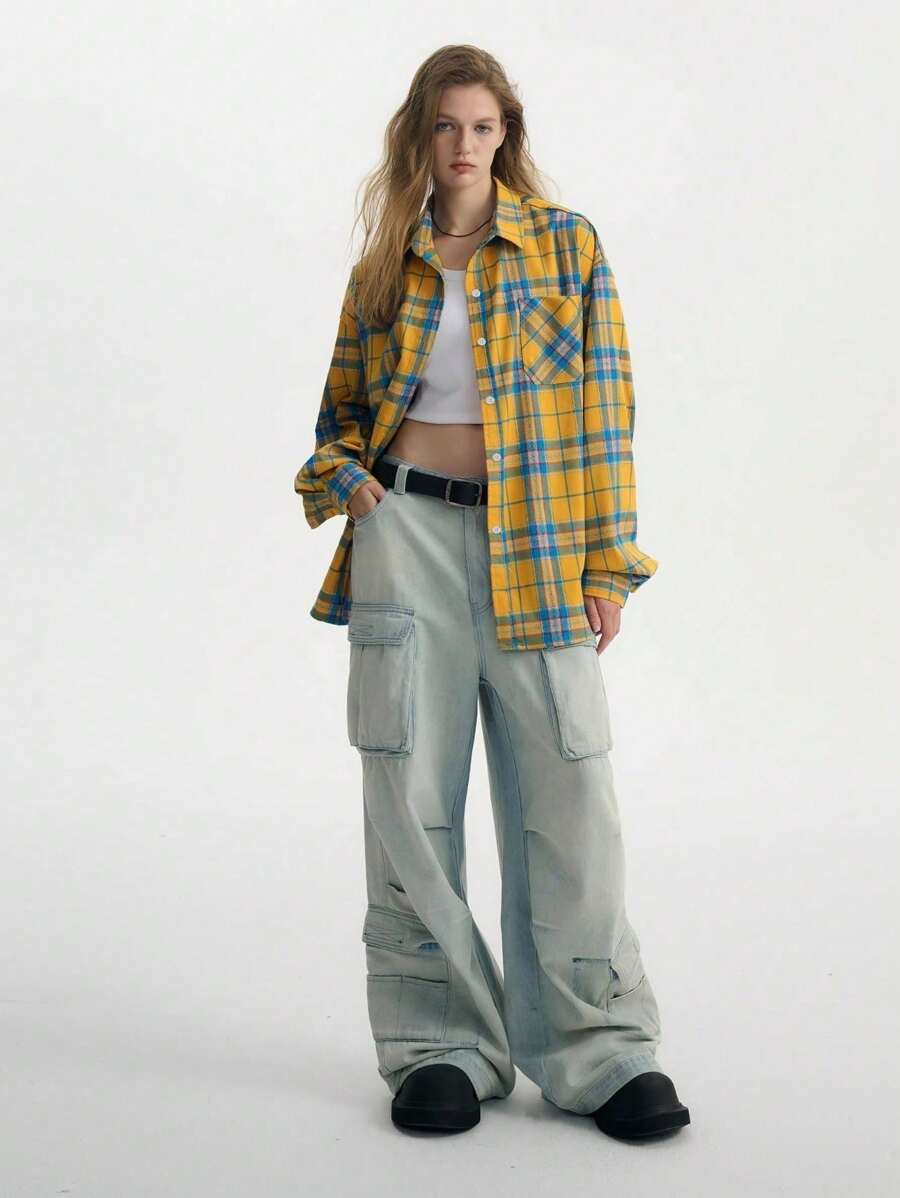 Vintage American Style Yellow Plaid Long Sleeve Shirt, Design Sense Loose Fit Couple Jacket