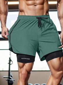 1pc Lightweight Breathable Quick-Dry Men's Printed Layered Athletic Shorts For Outdoor Sport Running In Summer - Green - View 4