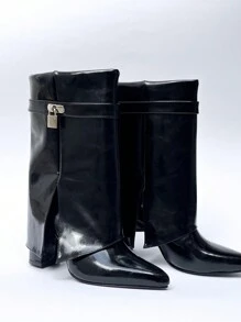 Botin corto de piel con candado efecto recubierto - Negro - Ver 1