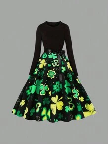 Spring Vacation Retro St. Patrick's Day Clover Print High Waist Patchwork Long Sleeve Dress With Ribbon - Green - View 1