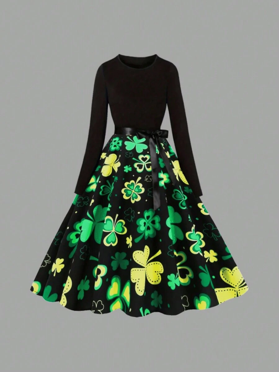 Spring Vacation Retro St. Patrick's Day Clover Print High Waist Patchwork Long Sleeve Dress With Ribbon - Green - View 1