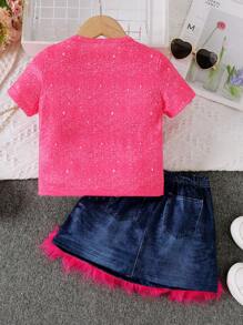 2 pezzi/set Outfit estivo casual per bambine e ragazze, top a girocollo + gonna con balza stampata, versatile per uso all'aperto e quotidiano