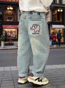小男孩春季大象刺绣后口袋牛仔长裤 - 淺藍色 - 查看 1