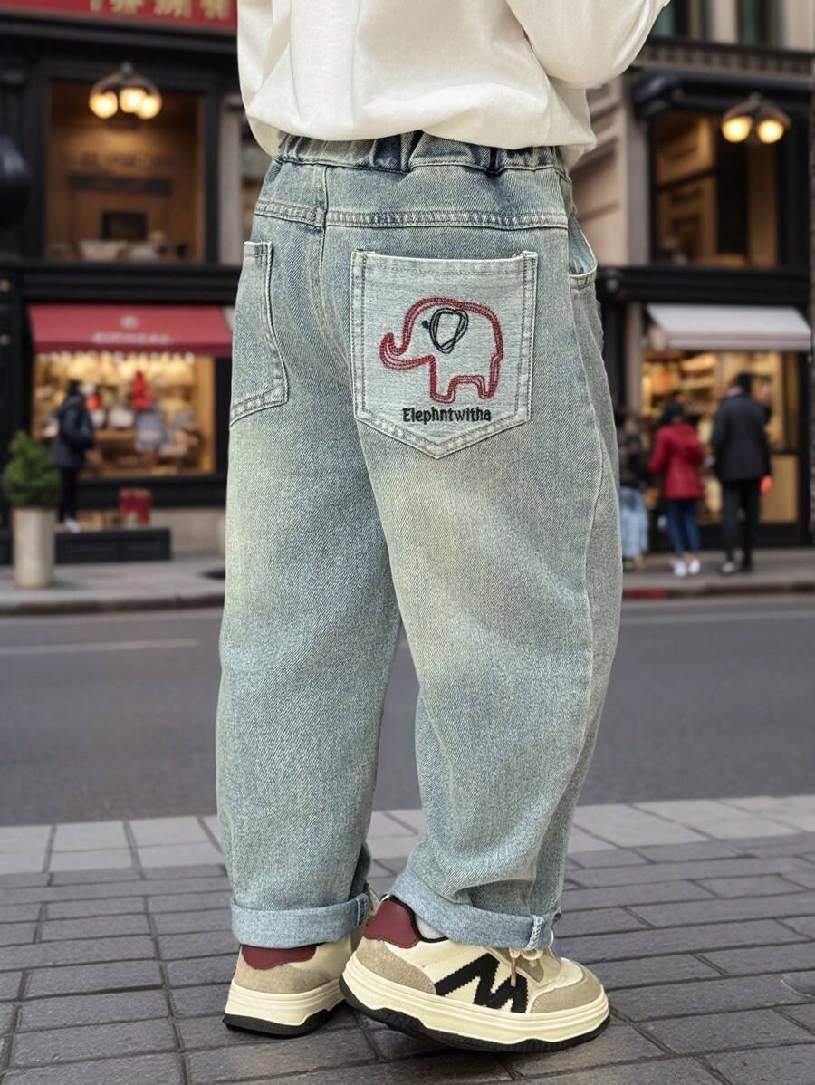 小男孩春季大象刺绣后口袋牛仔长裤 - 淺藍色 - 查看 1