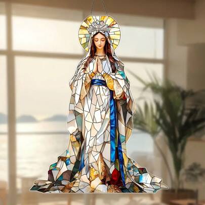 1 件圣母玛利亚捕光器，2D 平面亚克力彩色玻璃风格挂饰，塑料材质，适合生日场合、家居和花园窗户装饰、完美的节日礼物、家居装饰|宗教图像|反光件