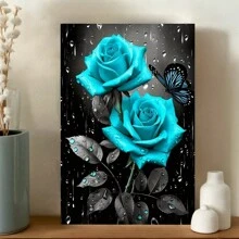 1pc, Flower Canvas Print Poster Blue Rose With Butterfly Canvas Wall Art Work Wall Painting Bathroom Bedroom Office Living Room Wall Decor