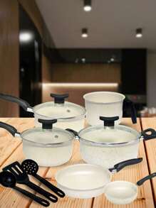 Cookware Set Casserole Set 9 Pieces Kit Non-Stick Glass Lid Elegance With Cutlery - Granite - View 1