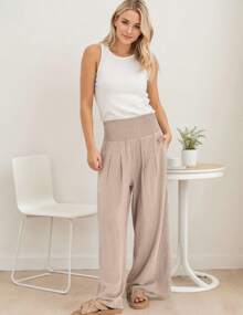 hoteel Women's High Waist Gathered Solid Color Casual Beach Wide Leg Pants Dance Pilates Yoga Pants - 米色 - 查看 8