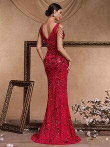 XUIBOL Zip Backless Sequin Formal Dress - Red - View 6