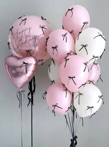 10pcs Latex Balloon & 20pcs Ribbon Bows, Includes White & Pink Balloon, Black, Pink & Red Satin Ribbon Bows, For Bow Decor, Valentine's Day, Birthday Party, Wedding, Photo Shooting, Princess Party, Bridal Shower, Bachelorette Decoration - Multicolor - View 2