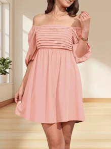 2026 Fall Summer Spring Sweet Women's Square Neck Half Puff Sleeve High Waist Smocked Backless Short Babydoll Dress - Hồng - Xem 3