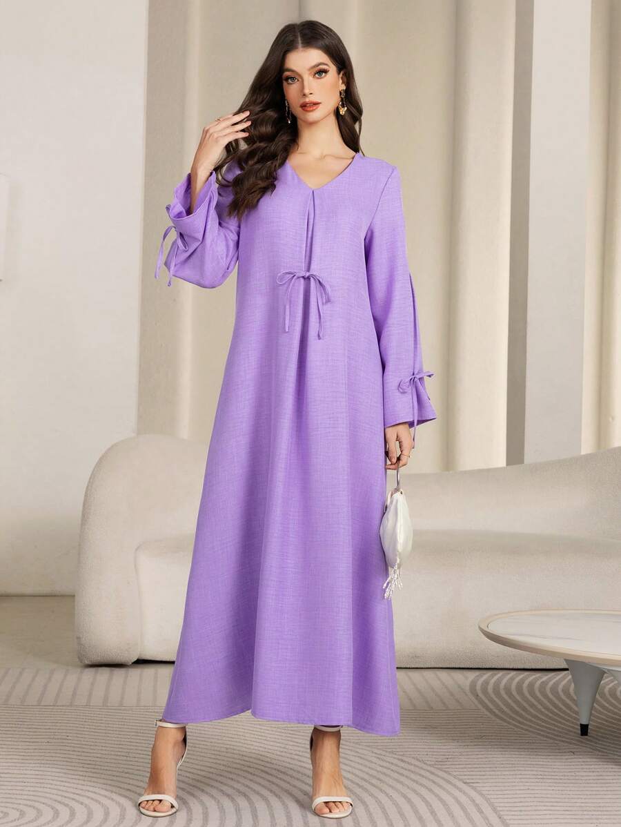 Women's V-Neck Drawstring Elegant Long Sleeve Robe Abaya Modest Kafftan Jalabiya Arabian Dresses - Purple - View 1