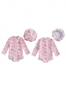 Baby Girl Long Sleeve Solid Bathing Suit Toddler Girl One Piece Ruffles Swimsuit Infant Girl Ruffle Rash Guard - Pink - View 3