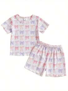 Toddler Girls Ribbed Shorts Set Bow/Heart Print Short Sleeve Round Neck Tops Elastic Waistband Shorts - 紫色 - 查看 1