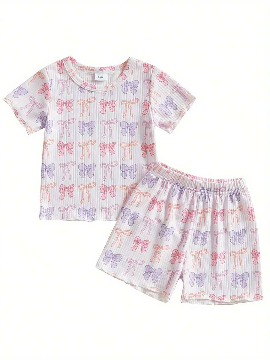 Toddler Girls Ribbed Shorts Set Bow/Heart Print Short Sleeve Round Neck Tops Elastic Waistband Shorts - 紫色 - 查看 1
