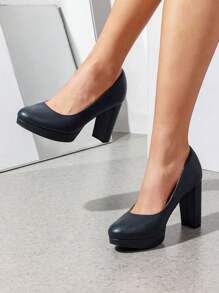Women's Court Pumps Closed Round Toe Chunky High Heels Platform Work Elegant Comfortable Dress Shoes - Màu xanh hải quân - Xem 2