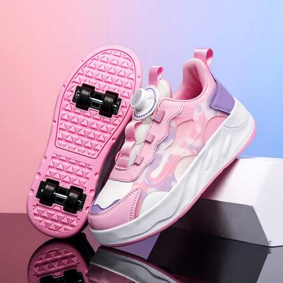 女士拼布涂鸦溜冰鞋，优质皮革表面和橡胶鞋底，4 个可拆卸轮子，二合一设计，适合滑冰和步行