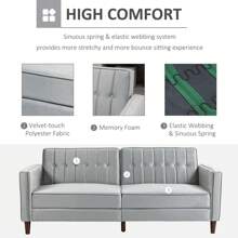 HOMCOM Modern 3 Seater Velvet Sofa Bed, Click Clack Sofa Bed, Button Tufted Sleeper Couch With Split Reclining Backrest And Rubber Wood Legs, Light Grey - Grey - View 6
