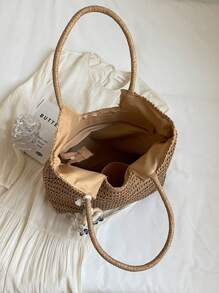 1 Pieza Bolsa de papel trenzada de gran capacidad con estilo de ocio y vacaciones, de unicolor, con decoración de colgante de ojo del diablo, bolsa de playa de un solo hombro para mujer, adecuada para vacaciones al aire libre, viajes diarios, ocio y combinación de ropa de moda. - Multicolor - Ver 11