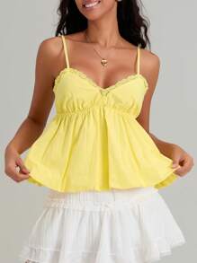 Women's Sweet Slim Camisole Spaghetti Strap Lace Trim V-Neck Flowy Hem Tank Tops - Yellow - View 7