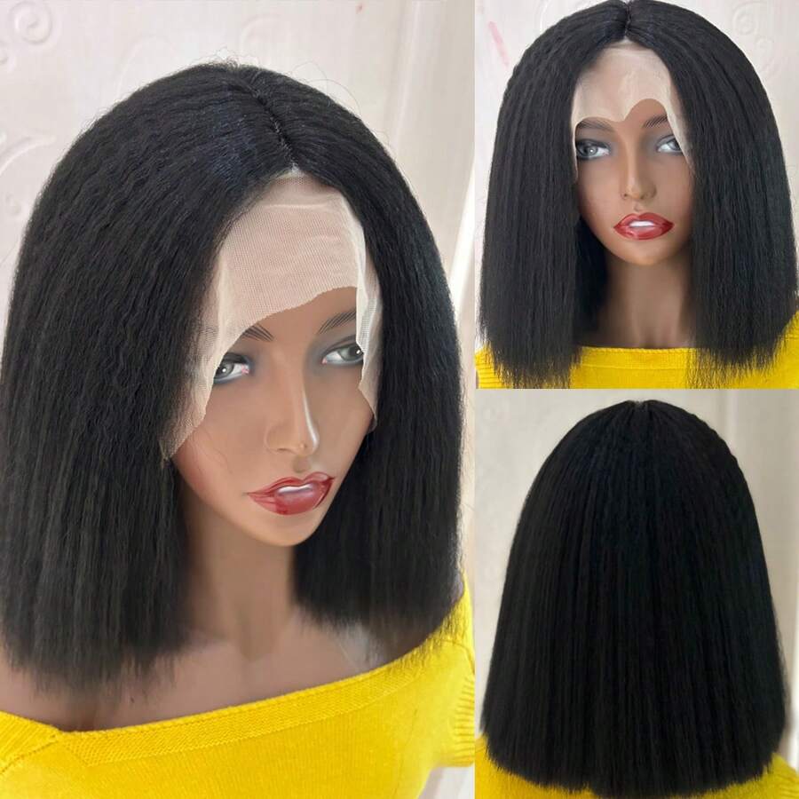 12英寸短款Yaki蕾丝前假发，自然黑，180%密度，卷曲直发带婴儿发，耐热，适合日常佩戴和角色扮演，1件装 - 黑色 - 查看 1