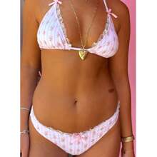 Women 2Piece Bikini Floral Print Lace Trimmed Bra And Briefs Sets For Summer Beachwear Bathing Suit - 粉色 - 查看 1