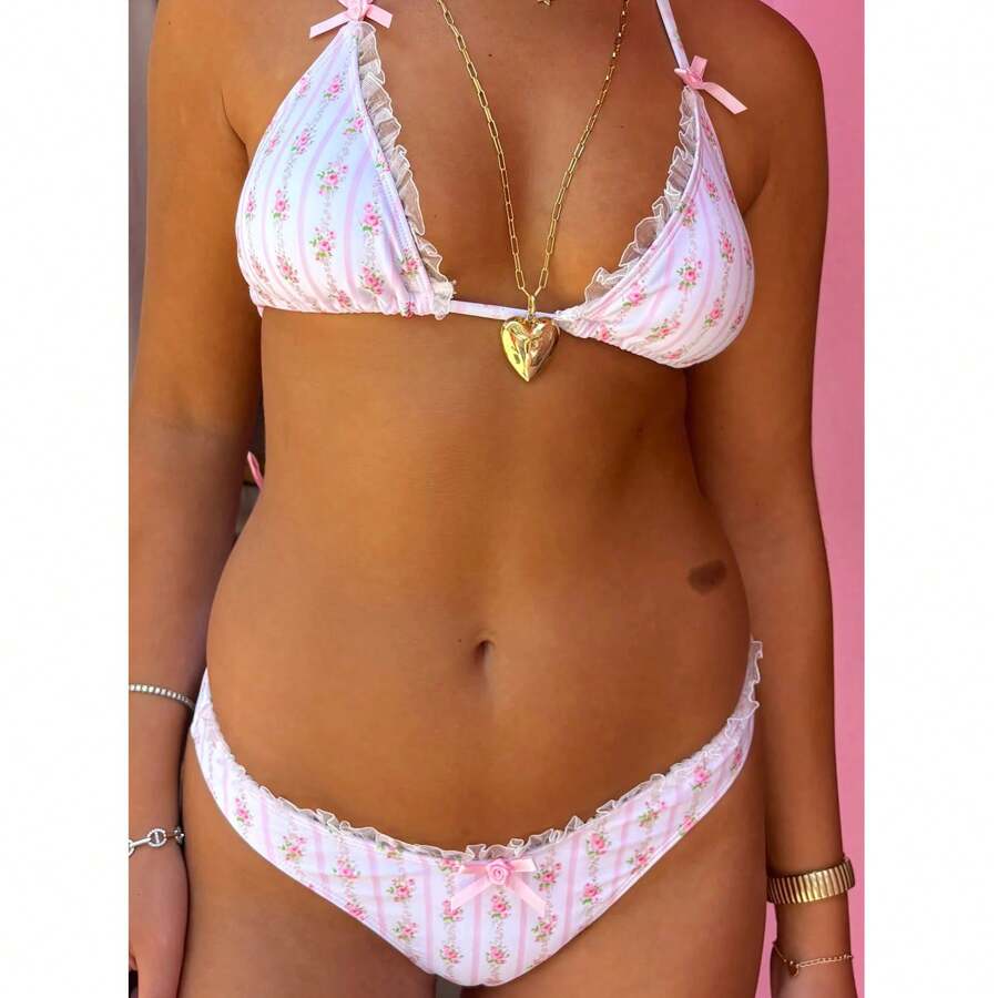 Women 2Piece Bikini Floral Print Lace Trimmed Bra And Briefs Sets For Summer Beachwear Bathing Suit - 粉色 - 查看 1
