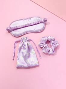 3-Piece Set Includes Satin Fabric Purple Digital Print Eye Mask, Scrunchie & Storage Pouch, Suitable For Daily Wear, Resting & Storage