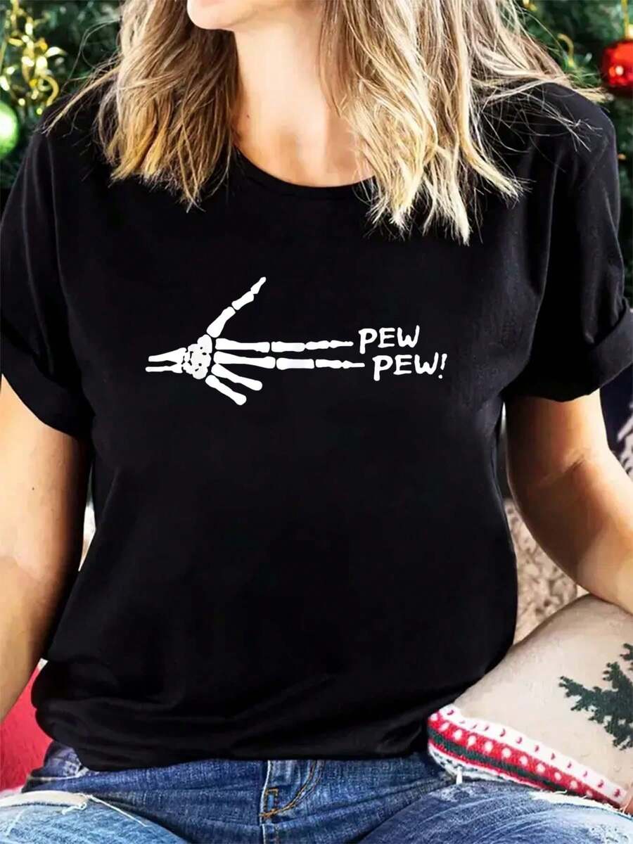 Skeleton Hand Pew Pew T-Shirt Printed Round Neck Women's T-Shirt - Soft, Breathable, Short Sleeve Casual Women's T-Shirt - 黑色 - 查看 1