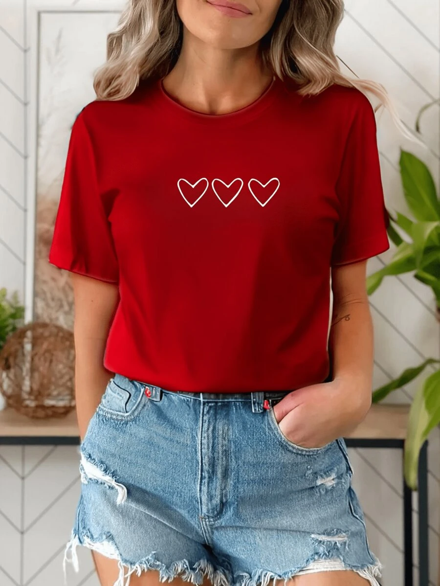 Women's Oversized Basic T-Shirt Three Hearts Heart Cotton Premium Mesh Promotion - Red - View 1